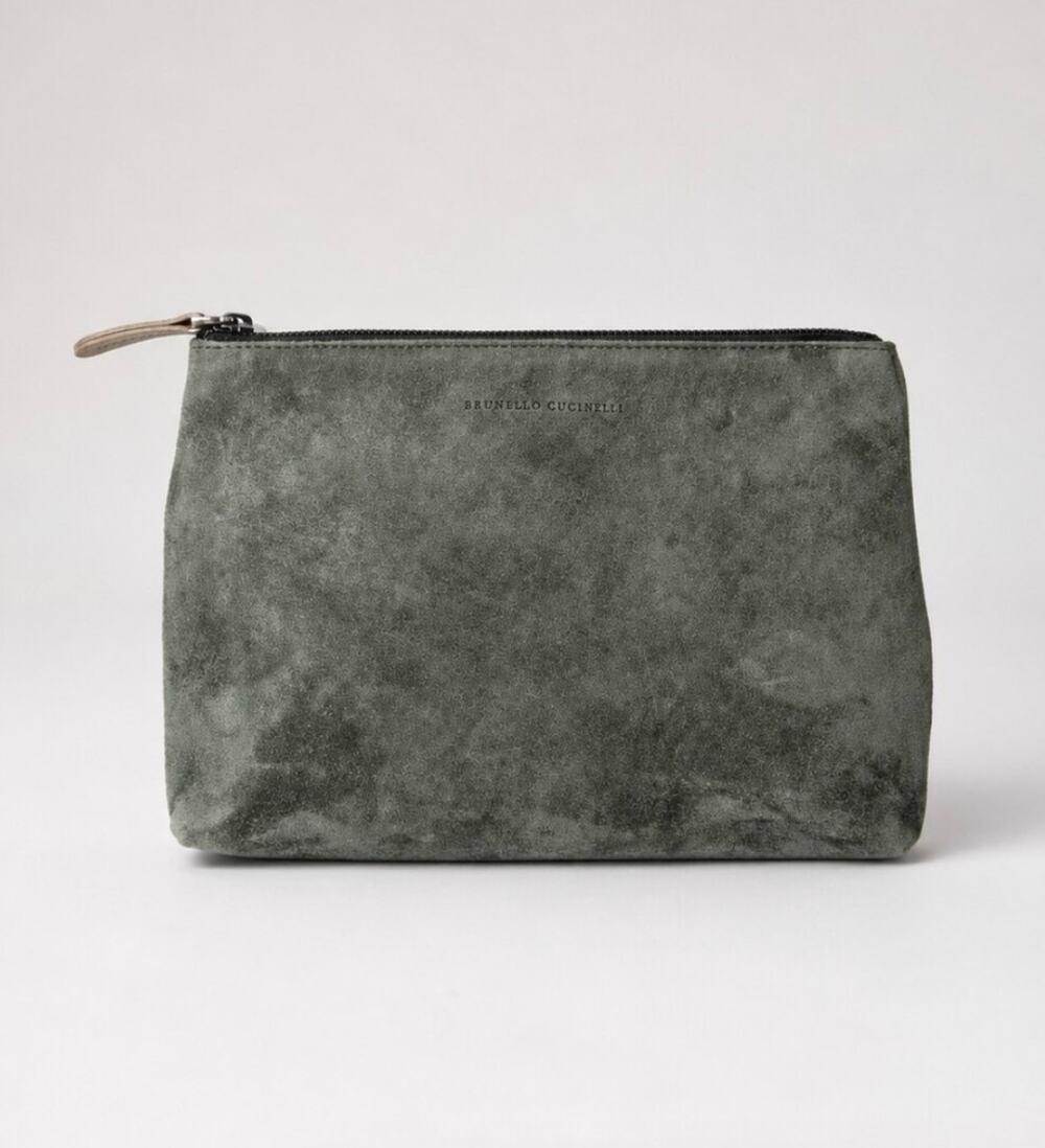 Brunello Cucinelli Green Suede Leather Pouch Cosmetic Bag Rare Womens Zipper